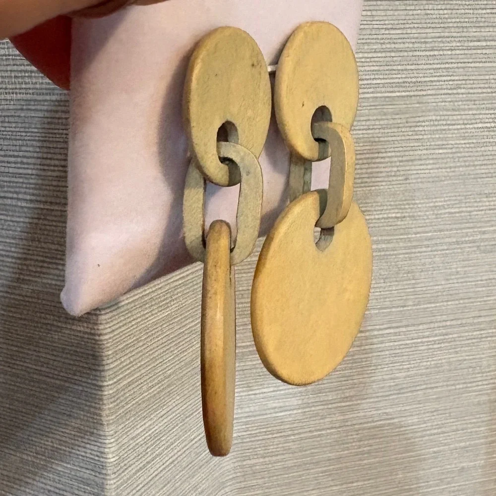 Natural Tan Pale Blue Wood Geometric Double Disc‎ Drop Earrings Minimalist Boho